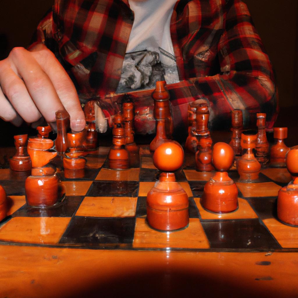 Person playing chess at table