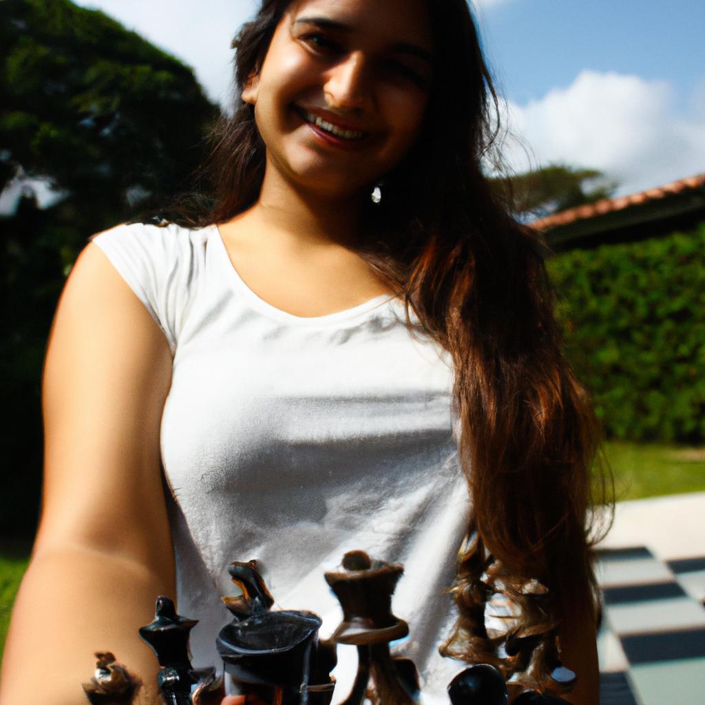 Person holding chess smiling